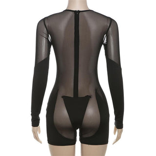 Long sleeve crewneck mesh patchwork zip-up romper