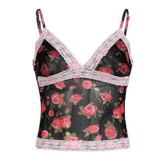 V neck lace hem backless rose print mesh cami top