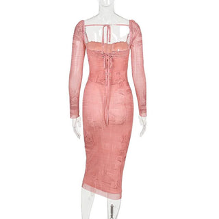 Long sleeve lace hem square neck print midi dress