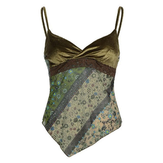 Velvet v neck lace hem print cami top