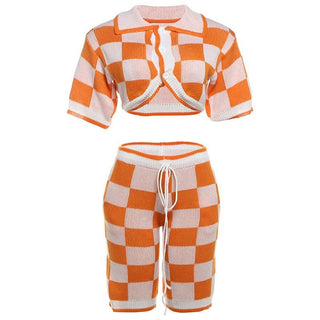 Turnover collar button drawstring plaid knitted pant set