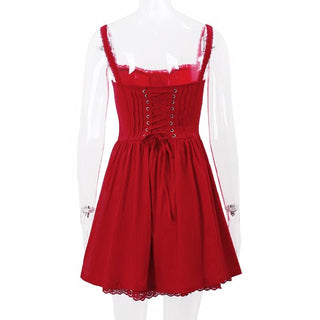 Lace hem drawstring ruched lace up cami mini dress