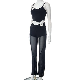 Mesh patchwork letter pattern cami pant set