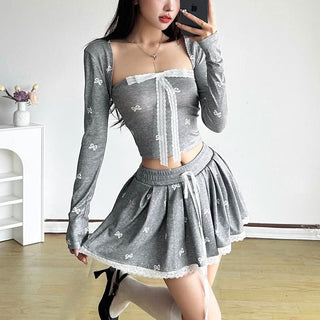 Long sleeve lace bowknot print square neck top