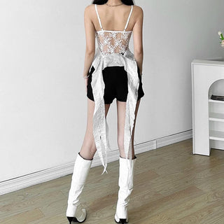 Mesh embroidery ruffle backless cami top