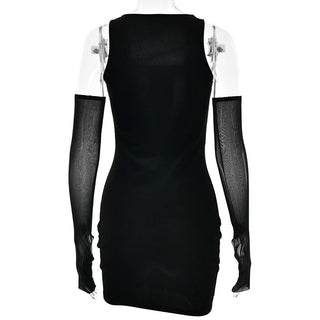 Square neck gloves mesh patchwork velvet mini dress