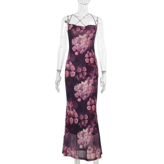 Cross back square neck flower print spaghetti strap maxi dress