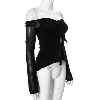 Off shoulder long sleeve mesh slit ruched self tie top