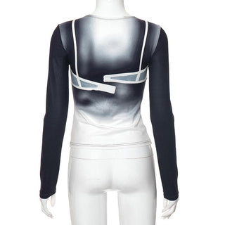 Long sleeve body print gradient crewneck contrast top