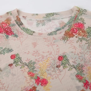 Short sleeve flower print ruffle sheer mesh top