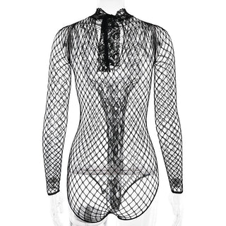 Crewneck long sleeve fishnet see through romper