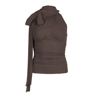 Sleeveless high neck knotted ruched top