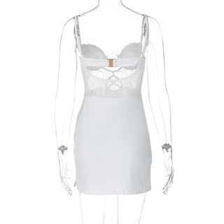 O ring lace ruched button backless cami mini dress