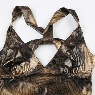 Leopard print v neck metallic cross back cami top