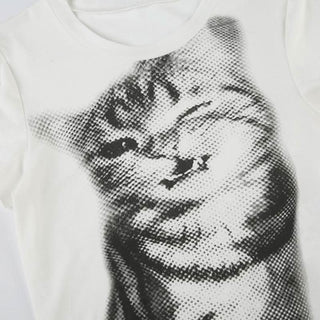 Short sleeve crewneck cat print top