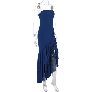 Ruffle ruched irregular solid tube maxi dress