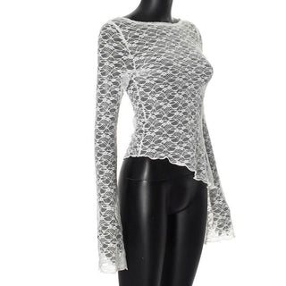 Irregular long sleeve lace see through solid top
