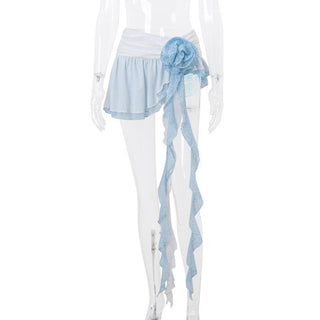 Irregular ruffle rose applique lace A line mini skirt