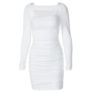 Long sleeve solid square neck ruched mini dress
