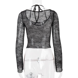 Long sleeve halter lace ruched see through top