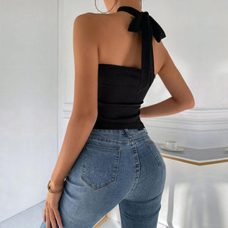 Cross front self tie hollow out solid ribbed cut out top
