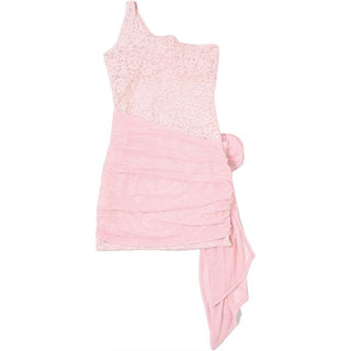 One shoulder lace mesh flower applique mini dress