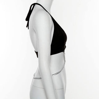 Halter self tie metal chain v neck backless top