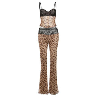 Lace mesh ruffle sweetheart neck cami pant set