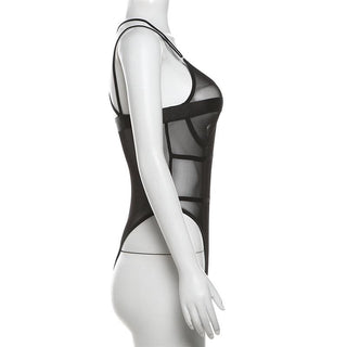 Stitch mesh patchwork cross back cami bodysuit