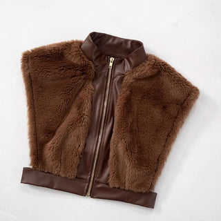 Cap sleeve fluffy PU leather patchwork zip-up mini skirt set