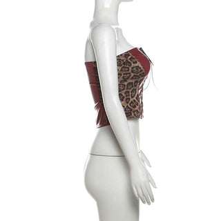 Leopard print lace up PU leather patchwork tube top