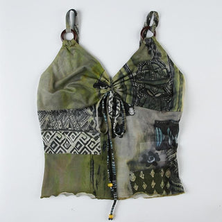 O ring ruched patchwork beaded mesh knotted cami top