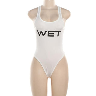 U neck â€œWETâ€ pattern sleeveless contrast tank bodysuit