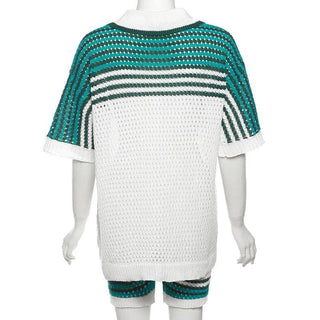 Turnover collar short sleeve button hollow out pant set