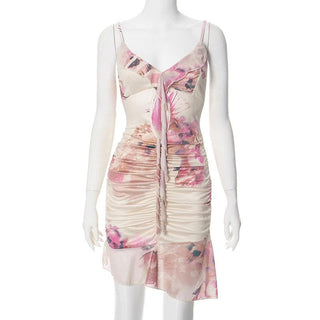 Ruffle v neck print ruched backless cami mini dress