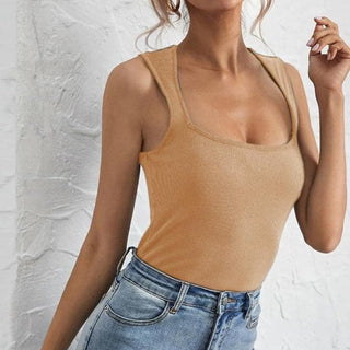Square neck low cut sleeveless solid ribbed top