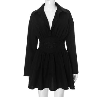 Zip-up long sleeve turnover collar embroidery mini dress