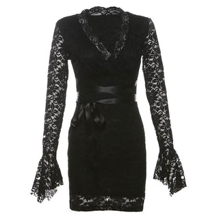 Long flared sleeve v neck lace self tie mini dress