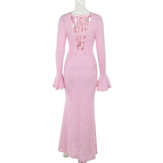 Crewneck long sleeve lace up flower pattern maxi dress