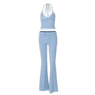 Halter v neck drawstring ruched lace hem pant set