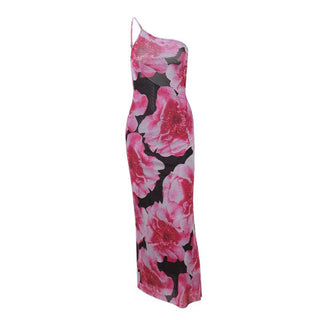 One shoulder irregular flower print cami midi dress