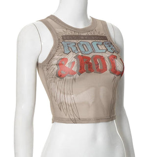 Sheer mesh letter print crewneck tank top