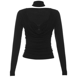 Cowl neck solid long sleeve ruched choker 2 piece cami top