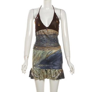 Halter self tie print deep V neck ruched mini dress
