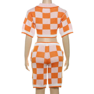 Turnover collar button drawstring plaid knitted pant set