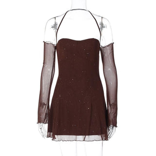 Long sleeve halter mesh glitter off shoulder mini dress