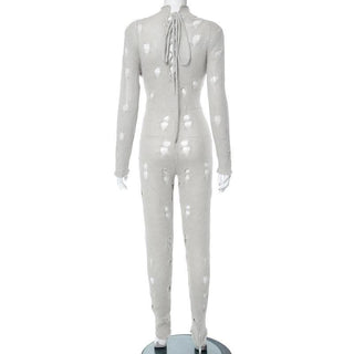 Crochet hollow out high neck lace up solid jumpsuit-final-sale