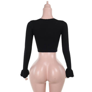 Long flared sleeve ruffle v neck self tie ruched top