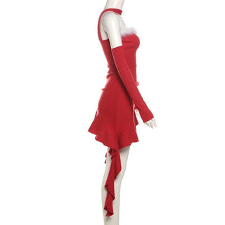 Halter ruffle fluffy gloves mini dress