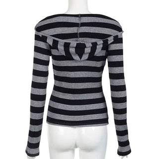 Hoodie v neck long sleeve striped knitted top
